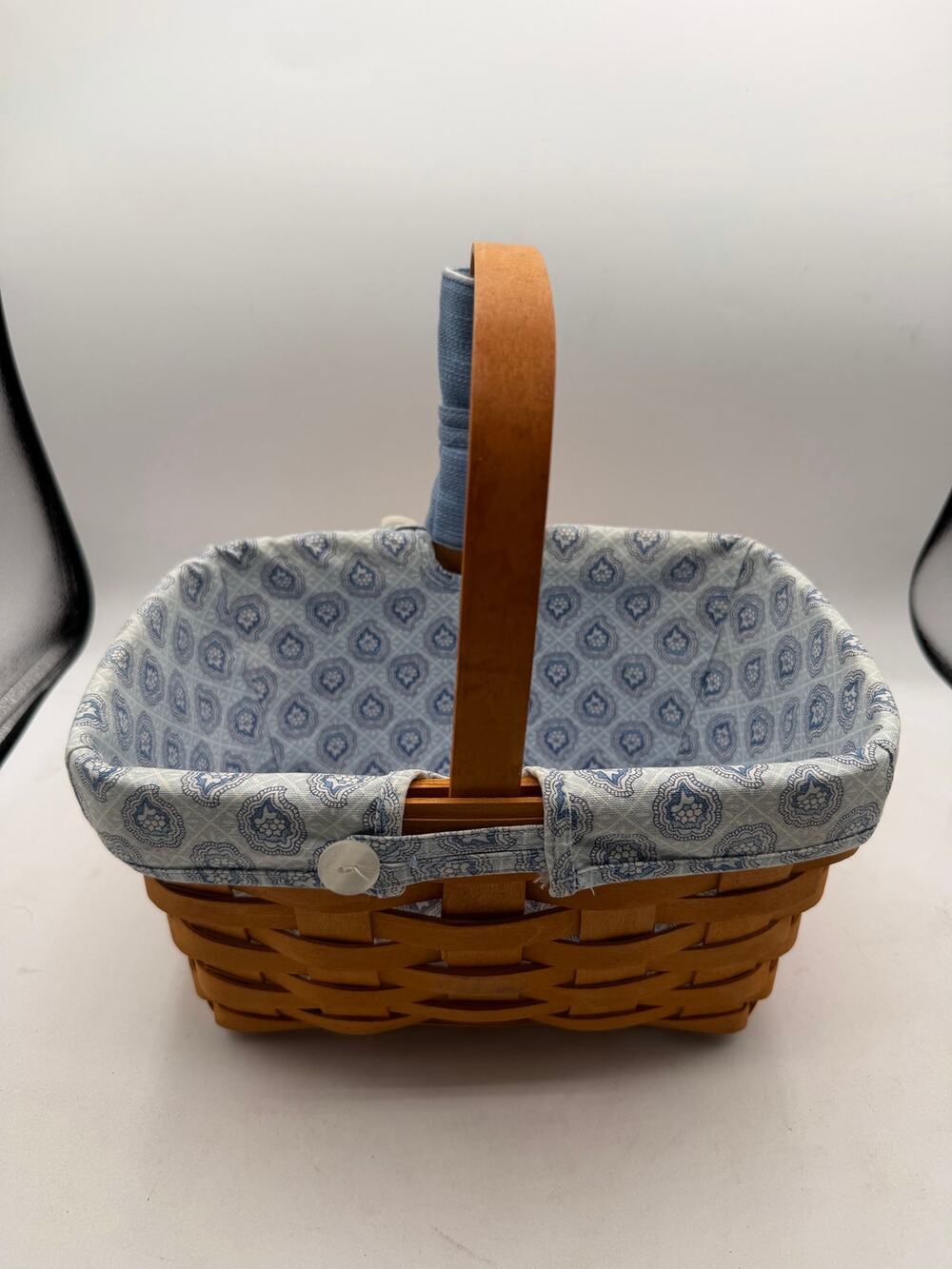 Vintage 2001 Longaberger Handwoven Wood Basket Dresden Ohio - Blue Fabric Liner⁠